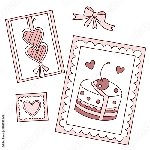 Set of girly coquette greeting cards for Valentine's Day. Hand drawn frames in whimsical lines by shape hearts, with bows and ribbons, cake in shape heart, sweet cherry. Poster, wedding invitation.