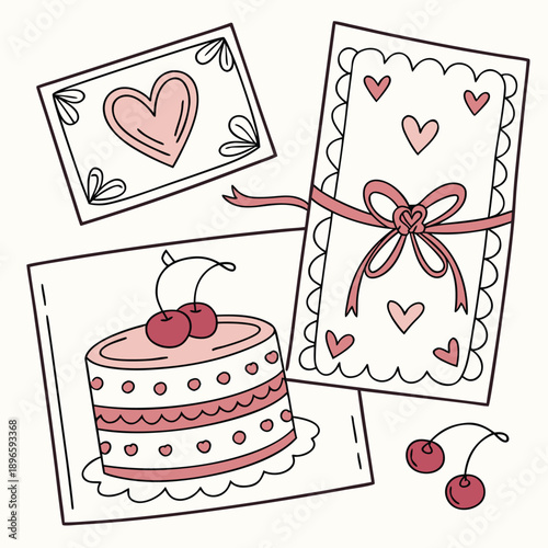 Set of girly coquette greeting cards for Valentine's Day. Hand drawn frames in whimsical lines by shape hearts, with bows and ribbons, cake in shape heart, sweet cherry. Poster, wedding invitation.