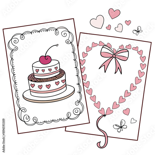Set of girly coquette greeting cards for Valentine's Day. Hand drawn frames in whimsical lines by shape hearts, with bows and ribbons, cake in shape heart, sweet cherry. Poster, wedding invitation.