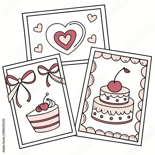 Set of girly coquette greeting cards for Valentine's Day. Hand drawn frames in whimsical lines by shape hearts, with bows and ribbons, cake in shape heart, sweet cherry. Poster, wedding invitation.