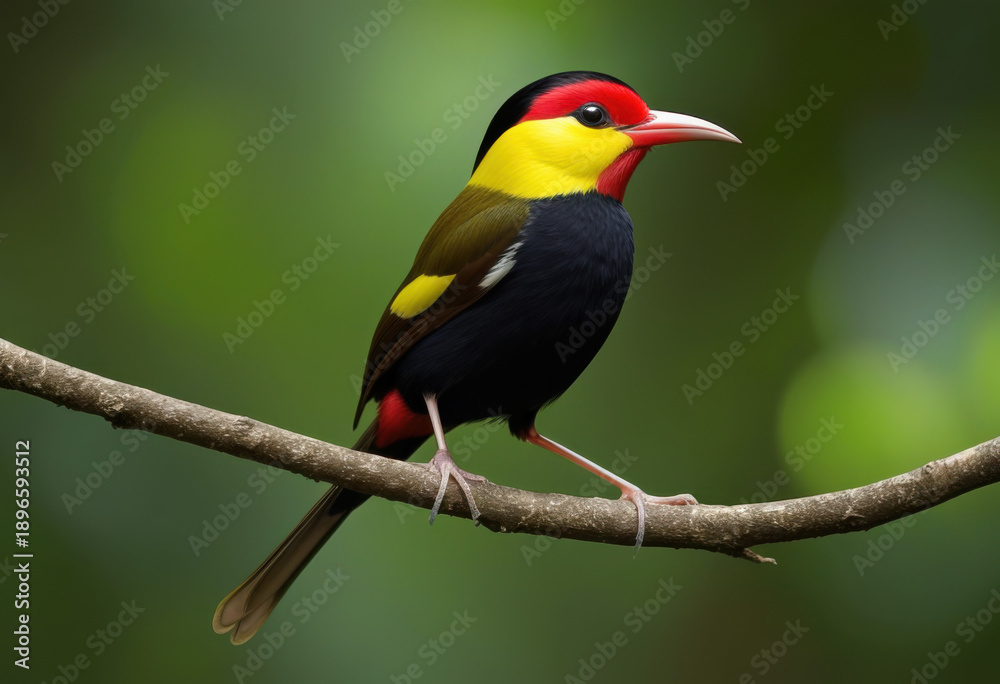 Obraz premium Tiny Wire-tailed Manakin perched on a branch in the Amazon rainforest