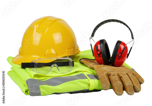 Industrial ppe set with hard hat, ear defenders, goggles, gloves, and vest on a white background with copy space. Concept of occupational health and safety
