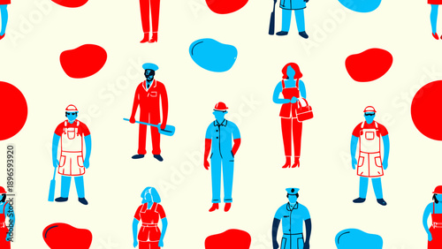 A colorful vector graphic illustration of various professionals in different uniforms
