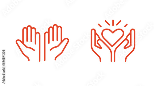 Two hand graphics with red outlines, with one image holding a heart with rays