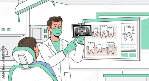 Dentist showing patient dental x-ray in clinic