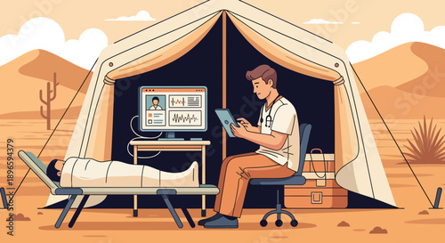 Doctor Conducting Telemedicine Consultation in Desert Tent
