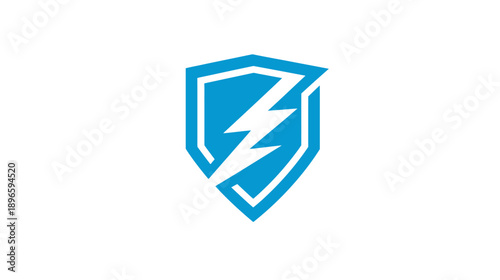 A stylized blue shield graphic featuring a lightning bolt symbol within a white border