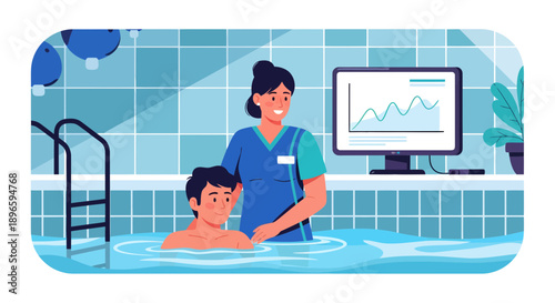 Physical therapist assisting a child in a swimming pool
