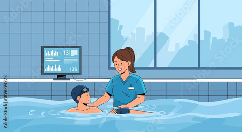 Physical Therapist Assisting Patient in Hydrotherapy Pool