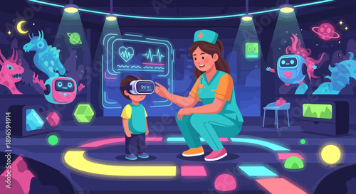 Woman guiding child with virtual reality headset