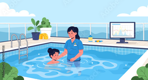 Woman teaching child to swim in outdoor pool