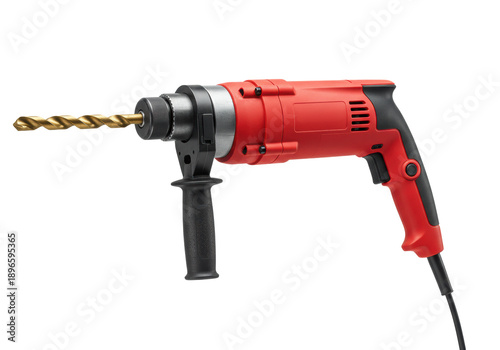 heavy-duty professional electric impact drill, vibrant glossy red housing, matte black grips, gold masonry bit in silver chuck, isolated on transparent background copy space. concept of industrial