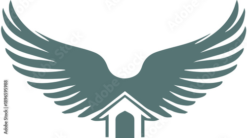 A symmetrical image displaying spread wings above a church-like structure