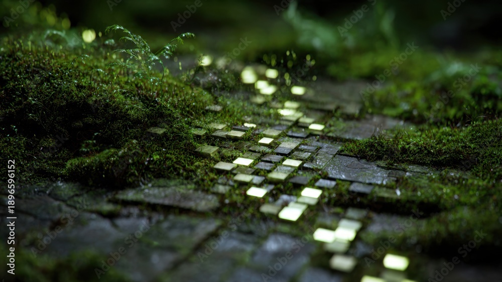 Fototapeta premium Mossy Path with Glowing Tiles
