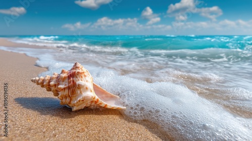 Seashell on sandy beach with waves and blue sky.