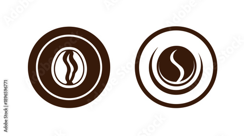 Two circular designs with brown and white elements. One features a bean, the other a curve