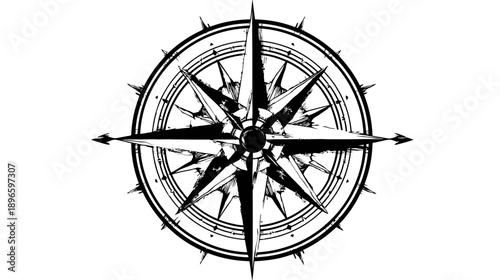 A black and white, distressed graphic compass rose on a white background, navigation symbol