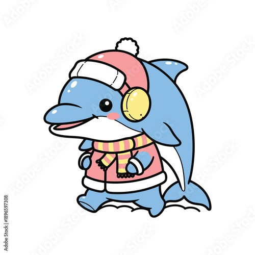 Cartoon blue dolphin musician playing drum set with red hat and cheerful expression isolated on white