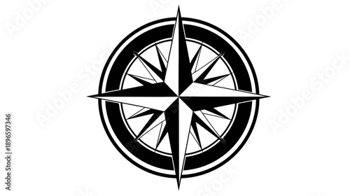 A black and white compass rose design inside of a circular, double-lined border