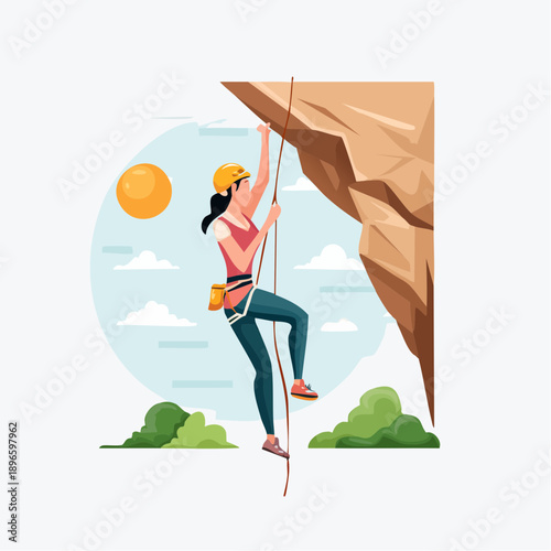 Woman rock climbing up steep cliff face with rope and helmet