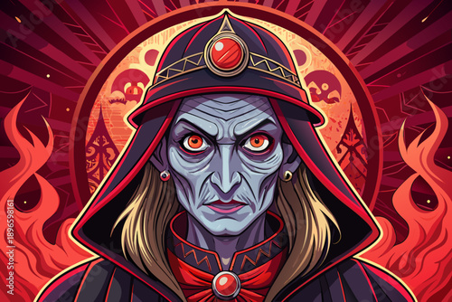 Dark Occult Witch Face Character Magic Ritual Gothic Halloween Retro Red Vintage Background Vector Illustration