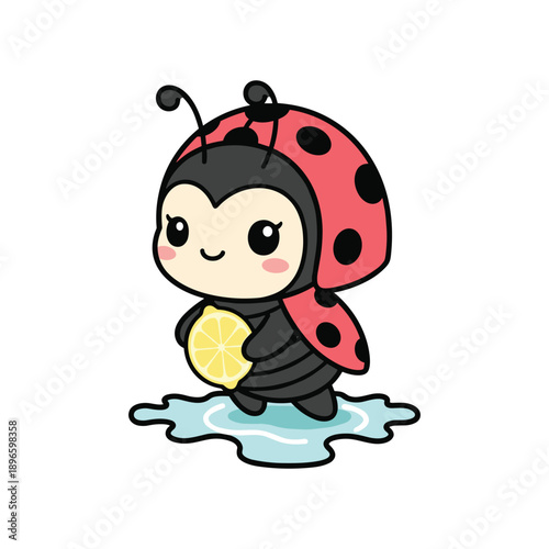 Cute ladybug cartoon character splashing in water with happy smile and polka dots