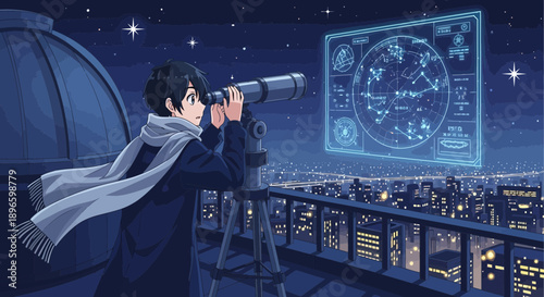 Astronomer Gazing at the Stars with Telescope on a Rooftop at Night