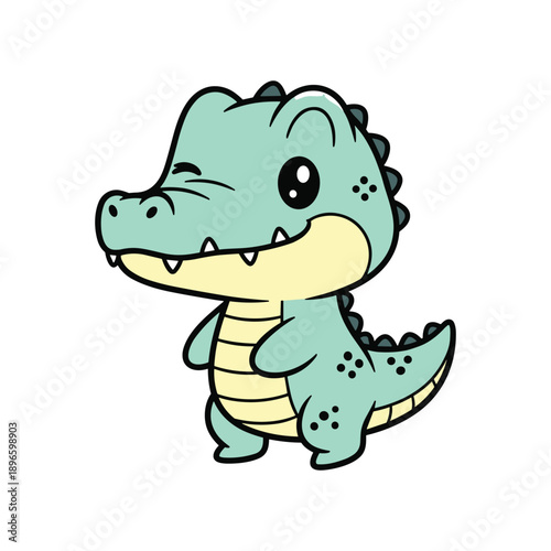 Cute green cartoon dinosaur mascot standing isolated on white background for kids design