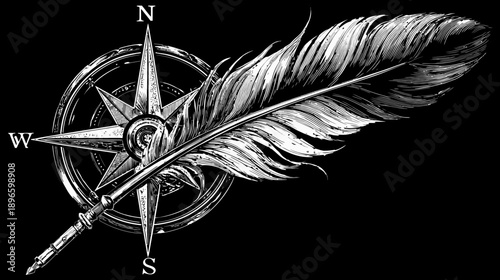 Monochrome illustration of a compass rose intertwined with a feather on a black background