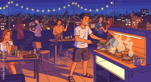 Man Grilling Food on a Rooftop with a City Skyline