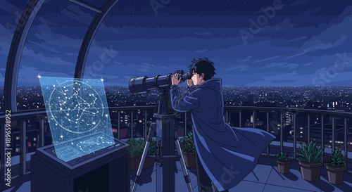Man observing stars in city at night through a telescope