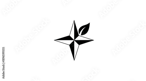 A stylized compass rose with a leaf, rendered in solid black against a pristine white backdrop