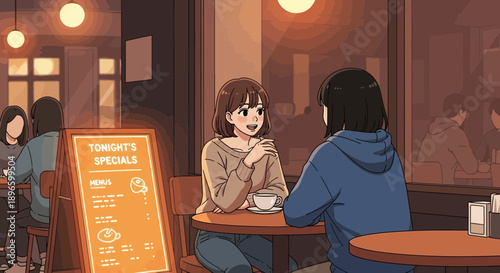 Women chatting and enjoying coffee in a cozy cafe