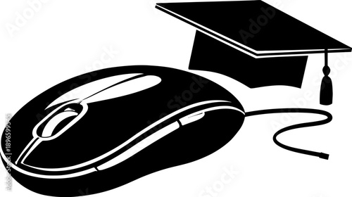 A computer mouse paired with a graduation cap. Symbolizes online learning and educational technology
