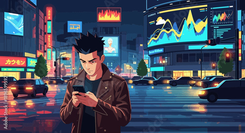 Young man using smartphone on city street at night