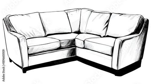 A black and white sketch of a sectional sofa, featuring soft cushions, armrests, and a corner design