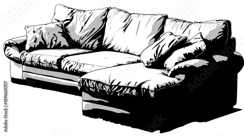 A black and white illustration of a sectional sofa with fluffy cushions and a chaise lounge