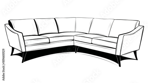 A black and white line drawing of a curved sofa. It has a modern design with sleek lines