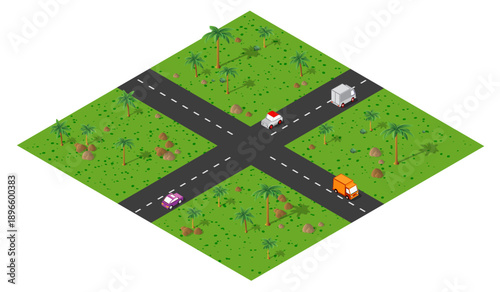 Isometric illustration representing a green city park with trees, benches, streetlights, and roads with cars and a pedestrian crossing