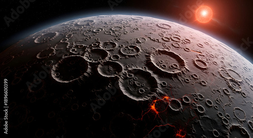 Cratered Moon Surface with Sunlight.