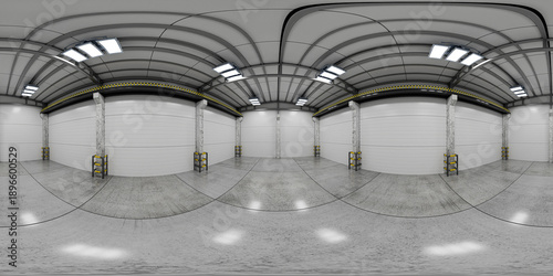 Environment map for your project, panorama. Virtual showroom of a production facility. Virtual reality map of a process facility. 360-degree spherical HDRI panorama of a warehouse interior. 3D render.