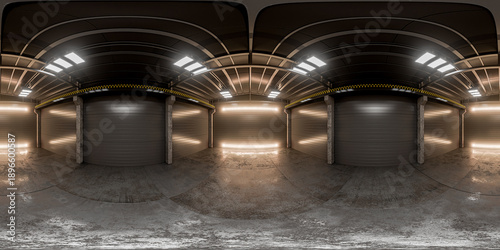 Equirectangular panorama of a warehouse with neon lighting. Map of a technological facility in virtual reality. A virtual fantasy hangar or production facility. A spherical HDRI panorama of an industr