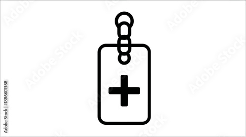 Black and white design of a tag with a plus symbol attached to a chain
