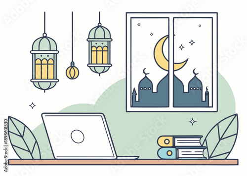 Ramadan Workstation A Flat Vector Illustration of a Peaceful Workspace during Ramadan with Islamic Symbols