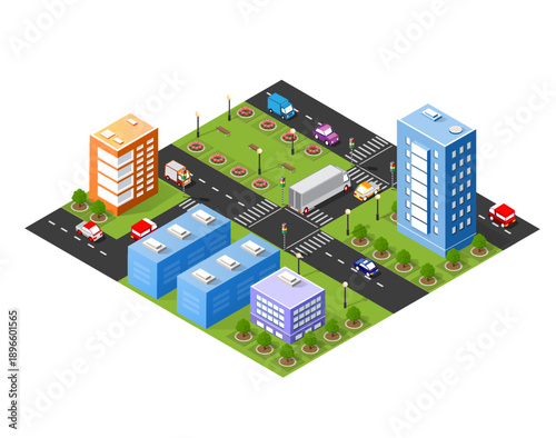 Isometric urban megalopolis top view of the city infrastructure town, street modern, real structure, architecture 3d illustration elements different buildings
