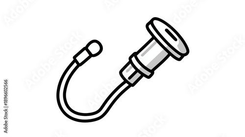 Black and white illustration of a medical device with a hose, cap, and a rounded tip