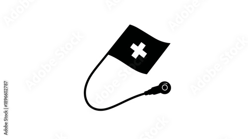 A black and white illustration of a medical device with a flag and a circular sensor
