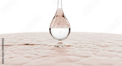 Macro drop of clear serum falling onto human skin surface. Skincare hydration concept ideal for beauty branding, cosmetics advertising, wellness, dermatology, and premium cosmetic product designs.