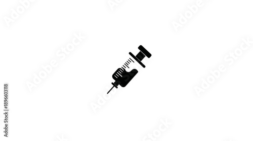 Black silhouette of a syringe, slanted slightly, against a white background, isolated