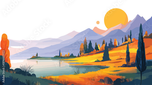 Stunning Landscape Artwork on White Background Vector Illustration